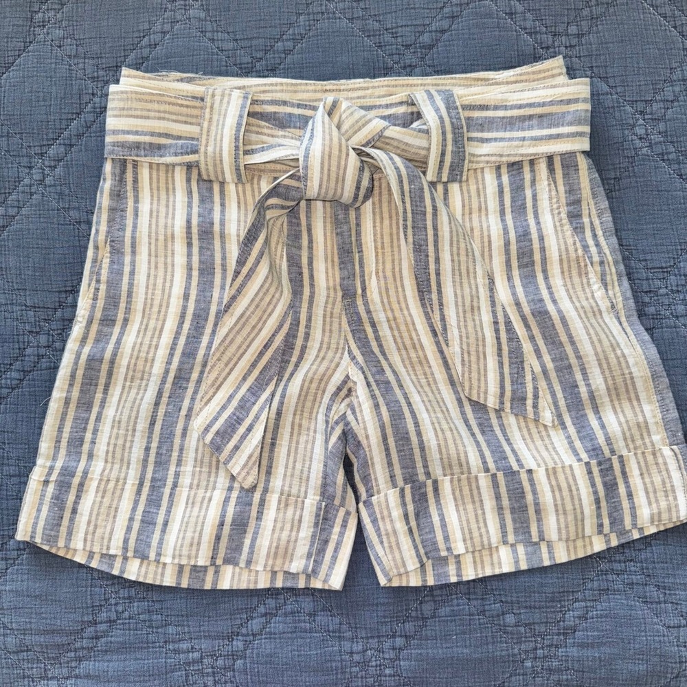 Zara Flax Linen Striped Tie-Waist Shorts Coastal Summer Blue Tan White Size MED - Picture 1 of 15
